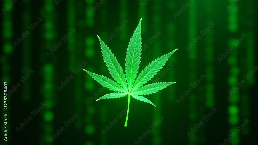 Poster a marijuana leaf glowing against a backdrop of cascading green matrix code. its veins pulse with neo