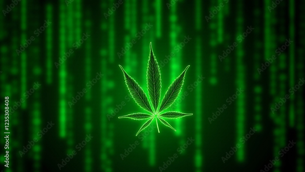 Poster a marijuana leaf glowing against a backdrop of cascading green matrix code. its veins pulse with neo