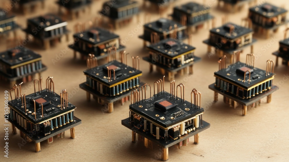 Poster multiple small electronic circuit boards arranged on a surface