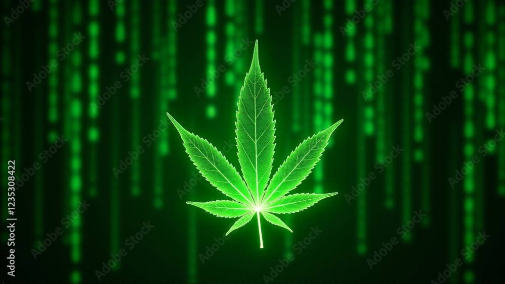 Poster a marijuana leaf glowing against a backdrop of cascading green matrix code. its veins pulse with neo