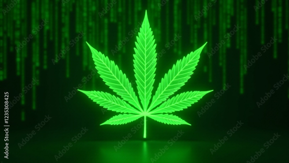 Poster a marijuana leaf glowing against a backdrop of cascading green matrix code. its veins pulse with neo