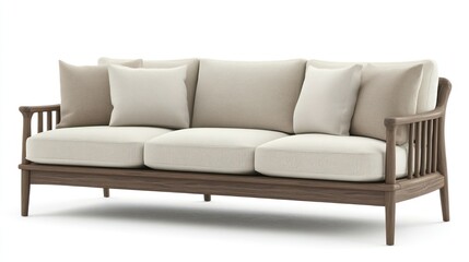 Modern Wooden Sofa with Neutral Cushions and Pillows