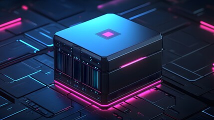  Futuristic AI processor with glowing neon lights, high-tech cyber circuit board and advanced computing technology chip.