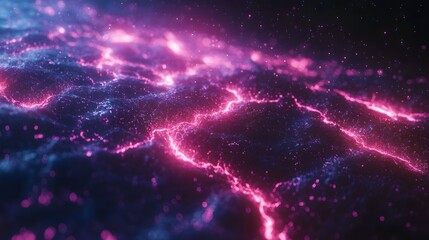 Abstract cosmic energy field with glowing pink and purple lightning, futuristic neon plasma waves and digital sci-fi background.