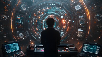 Silhouette of a person standing in a futuristic digital tunnel with glowing cyber technology and virtual reality elements.