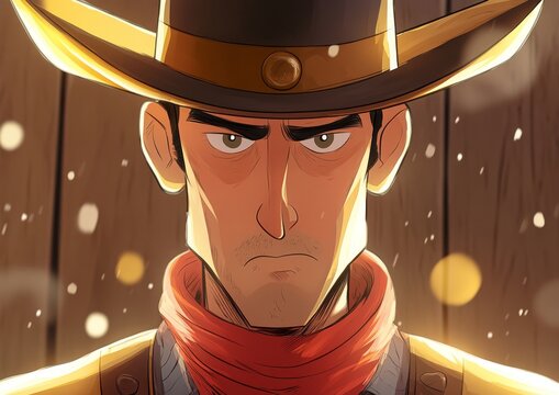 A Funny Bandit illustrated in a Cartoon Wild West Wanted Poster, complete with a Bokeh Background, alongside a Western Sheriff, rendered in a Retro Cowboy theme