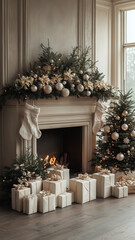 Modern Holiday Decor with Neutral White and Champagne Tones Featuring a Minimalist Christmas Tree, Soft Lights, and Elegant Gift Boxes for a Refined Festive Atmosphere