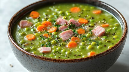 Delicious green pea soup with diced ham and carrots, garnished with herbs