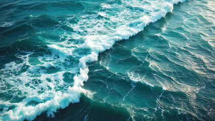 Obraz premium aerial view of the ocean waves crashing onto the shore. The water is a deep blue-green color and the waves are white and foamy.