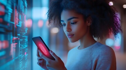 Young woman using smartphone with futuristic digital interface, glowing screen and blurred city lights in cyber technology environment.