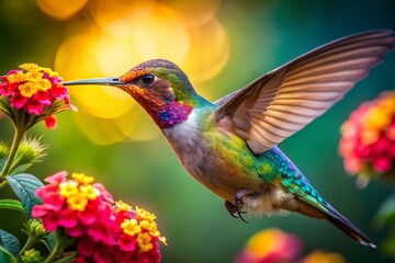 Fototapeta premium Low Light Hummingbird Nectar Spring Flowers - Wildlife Photography