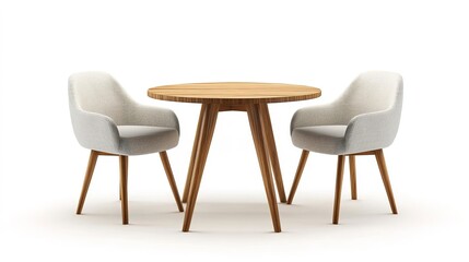 Fototapeta premium 3D rendering of a modern minimalist dining table with two chairs, isolated on a white background.