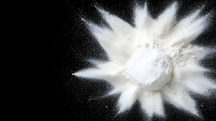 Flour explosion on black background, baking ingredient