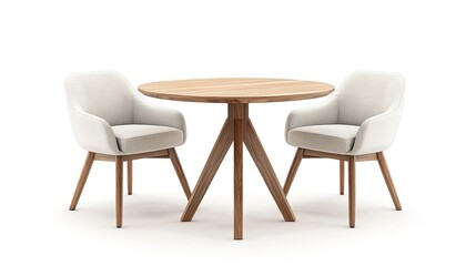 3D rendering of a modern minimalist dining table with two chairs, isolated on a white background.