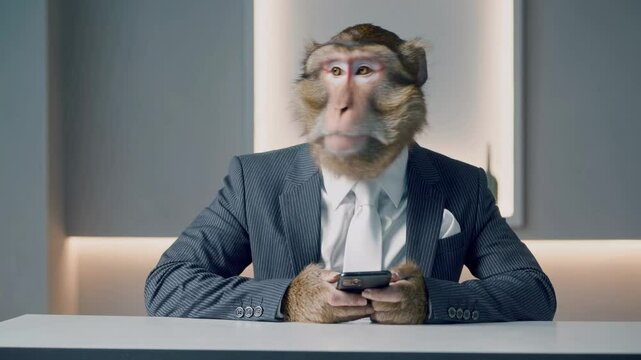 Monkey navigates digital workspace with corporate precision. Primate demonstrates unexpected technological proficiency in executive setting. Static composition.