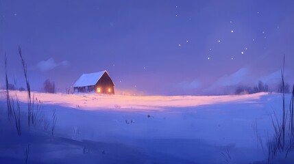 Lonely Cabin In A Winter Snowscape Underneath A Starry Night