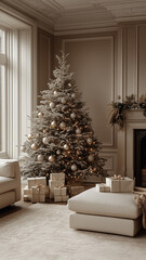 Modern Holiday Decor with Neutral White and Champagne Tones Featuring a Minimalist Christmas Tree, Soft Lights, and Elegant Gift Boxes for a Refined Festive Atmosphere