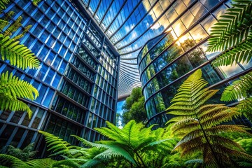 Lush Fern Leaf Background: Architectural Photography, Modern Building Silhouette