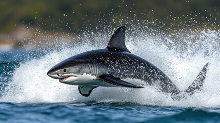 Fototapeta premium Great white shark leaping, ocean splash, coastal background, wildlife documentary