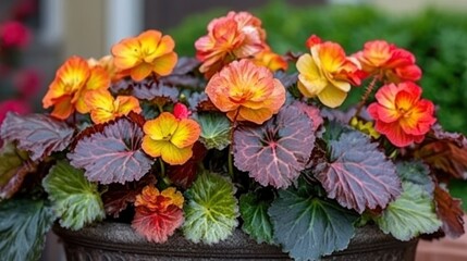 Vibrant Orange and Yellow Begonias in a Potted Garden