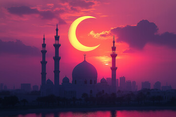 Majestic view of mosque skyline at sunset with crescent moon, symbolizing Ramadan spirituality, devotion, faith, and the sacred atmosphere of the holy month of fasting.