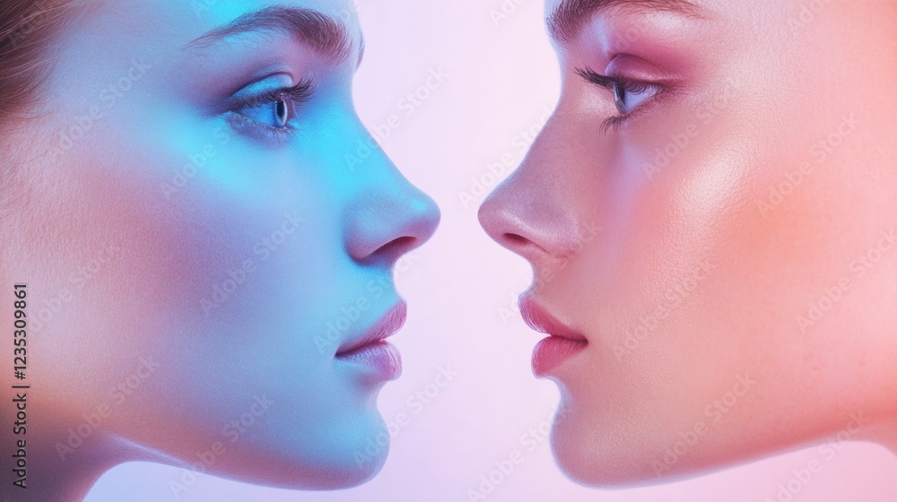 Poster comparison of youth versus age showing contrasting features and expressions with vibrant lighting. g