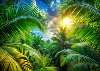 Obraz premium Lush Tropical Palm Leaf Nature Background at Eye Level