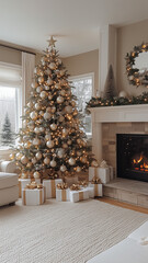 Modern Holiday Decor with Neutral White and Champagne Tones Featuring a Minimalist Christmas Tree, Soft Lights, and Elegant Gift Boxes for a Refined Festive Atmosphere