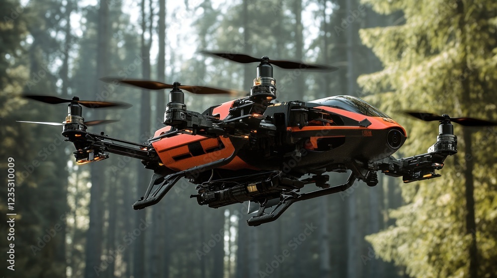 Aufkleber advanced drone soaring through a misty forest