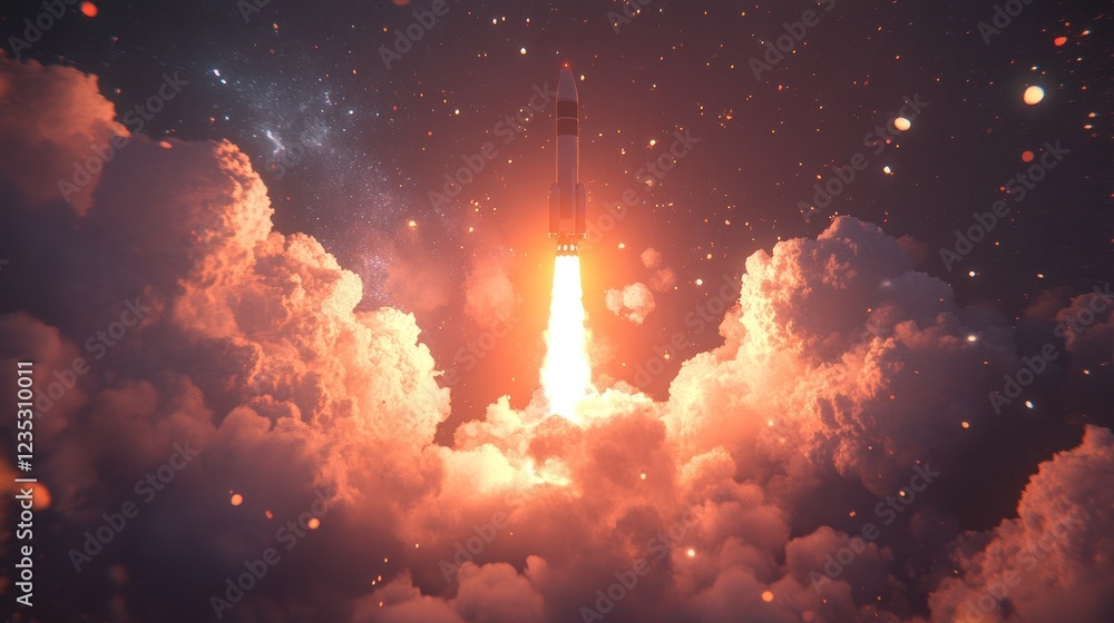 Poster rocket ascending through clouds towards space
