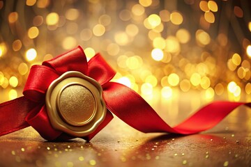 Luxurious Gold Seal with Red Ribbon - Bokeh Background Stock Photo
