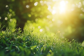 Obraz premium A serene view of grass illuminated by sunlight, creating a peaceful natural atmosphere.