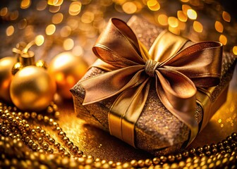 Luxurious Holiday Gift: Close-up Macro of Festive Ribbon and Ornament Details