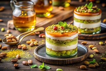 Luxurious Middle Eastern Layered Dessert with Pistachios and Honey - Night Photography