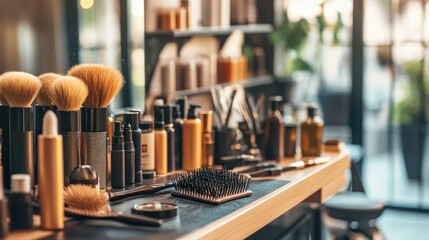 Barbershop grooming tools and products neatly arranged on a counter