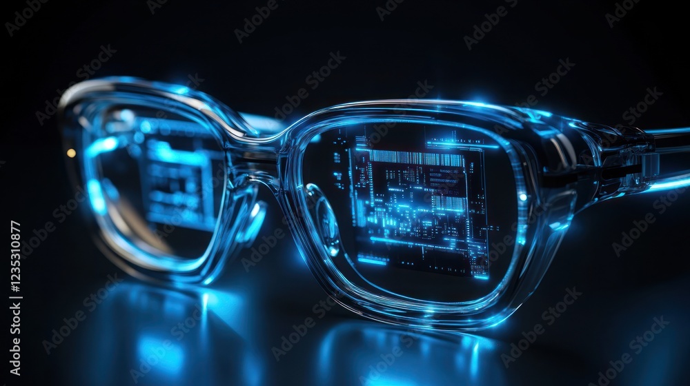 Poster futuristic smart glasses displaying digital circuitry