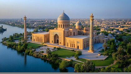 Fototapeta premium Photo: Majestic Mosque by the River - Aerial Sunrise View