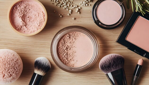 Flatlay showcasing assorted makeup powders and brushes