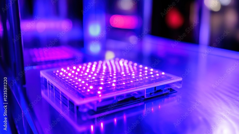 Poster illuminated grid of pink leds in transparent case