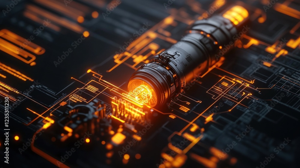 Poster futuristic technology device on illuminated circuit board