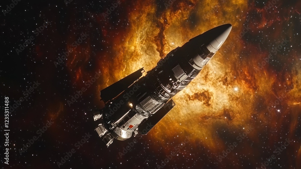 Poster spaceship soaring through cosmic nebula