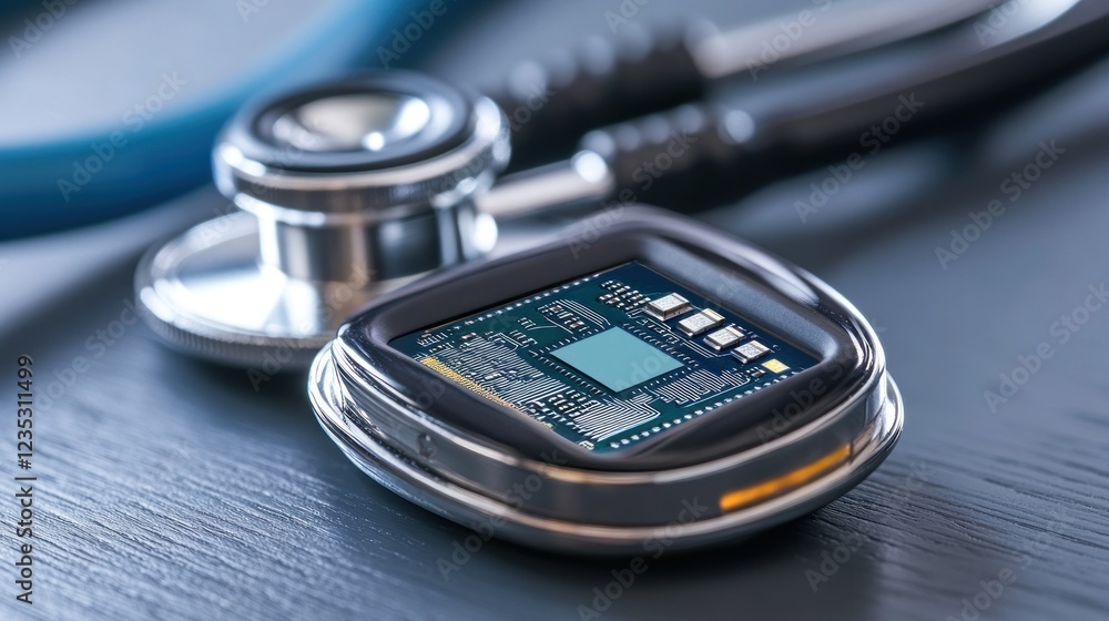 Poster stethoscope with embedded microchip showcasing medical technology