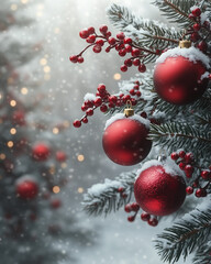 Red Christmas Ornaments Hanging on Snow-Covered Pine Branches, Capturing the Festive Spirit and Seasonal Beauty of a Traditional Winter Holiday Decoration