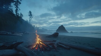 Coastal Campfire At Twilight Under A Cloudy Sky