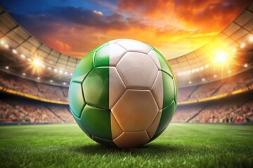 Fototapeta premium Macro Irish Soccer Ball: Vibrant Flag Colors, Blurred Stadium Background - 3D Render