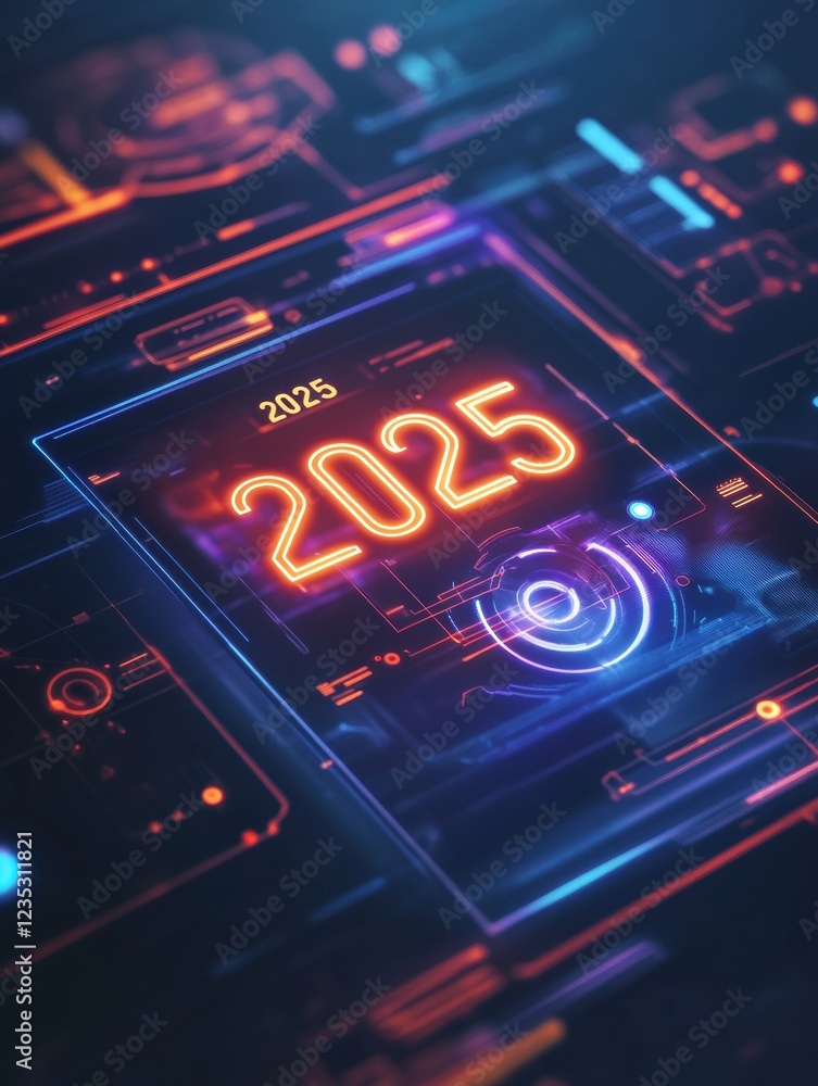 Poster futuristic digital calendar design displaying the year 2025 with vibrant colors and sleek interface 