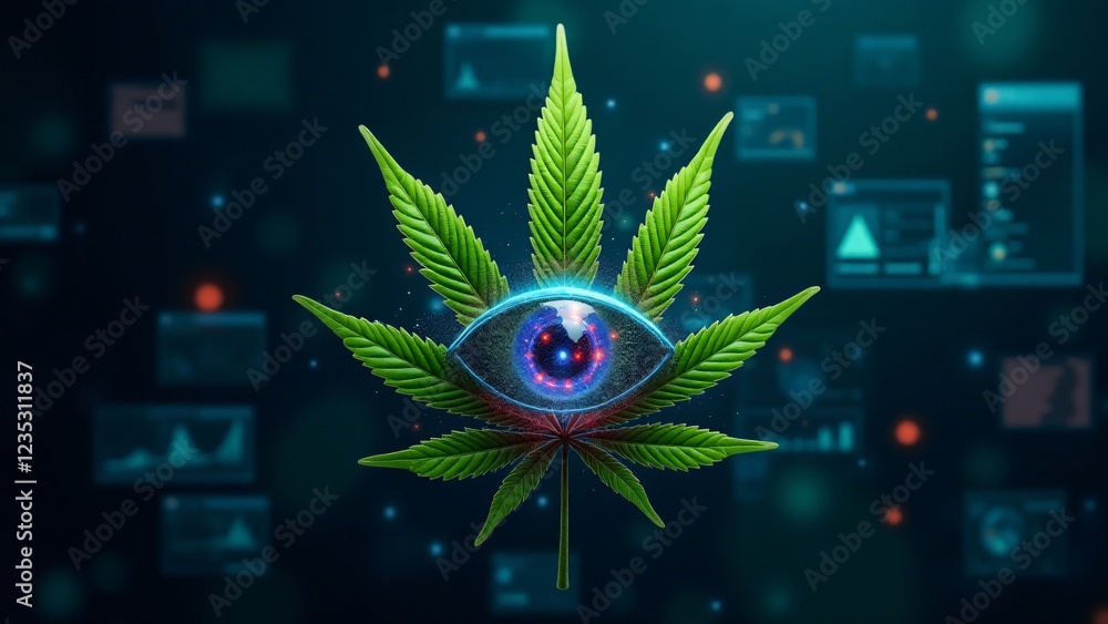 Aufkleber a marijuana leaf with a cybernetic eye in its center, analyzing real-time data. holographic circuits