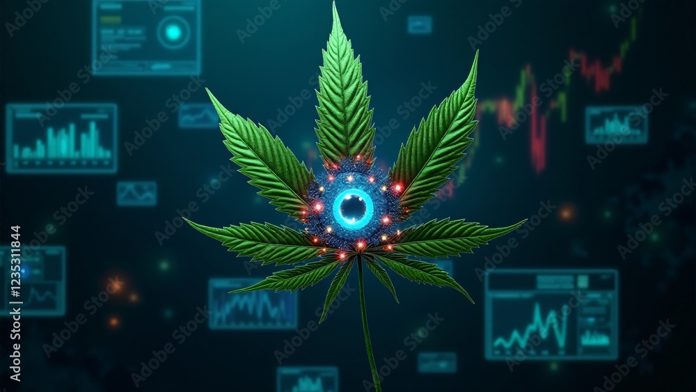 Poster a marijuana leaf with a cybernetic eye in its center, analyzing real-time data. holographic circuits
