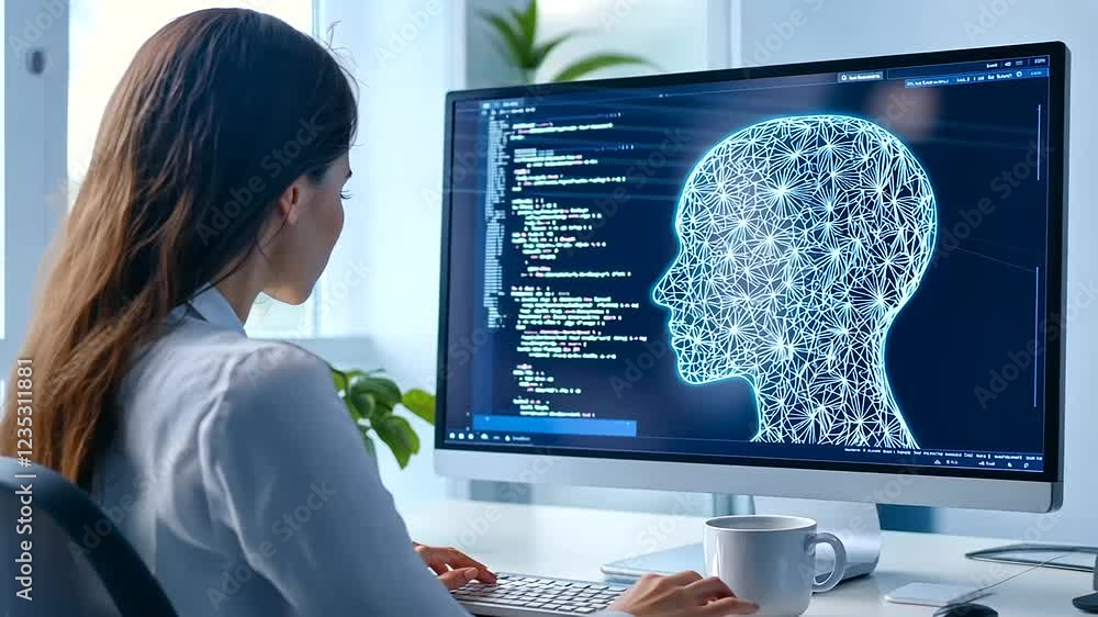 Poster a woman explores ai image creation tools on her computer in a modern office setting.
