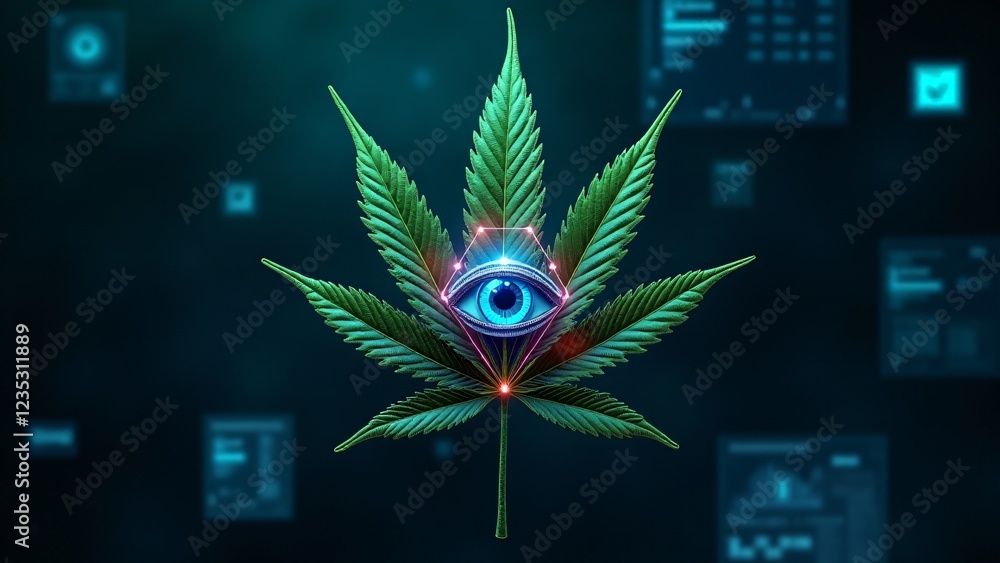 Poster a marijuana leaf with a cybernetic eye in its center, analyzing real-time data. holographic circuits